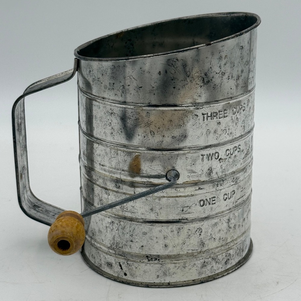 Vintage Tin Flour Sifter Hand Crank 3 Cup Capacity Wooden Knob Farmhouse Decor